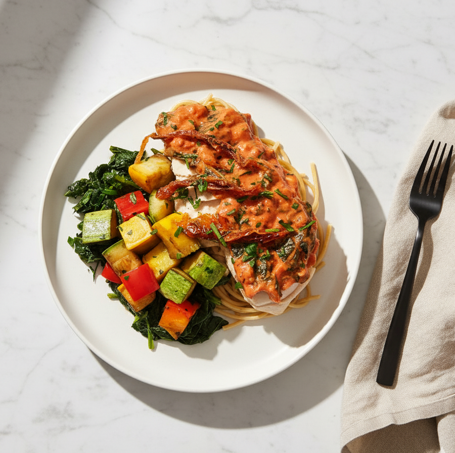 Tuscan Chicken with Sundried Tomatoes, Spinach, Zucchini & Spaghetti