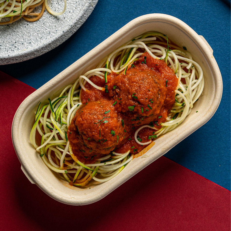 Italian Parmesan Meatballs with Marinara Sauce, Turned Zucchini & Whole Wheat Spaghetti