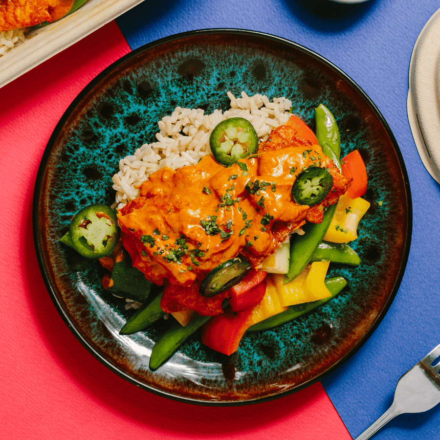 Brazilian Tofu Steak Stew with Peppers, Coconut, Jalapeno & Steamed Thai Red Rice