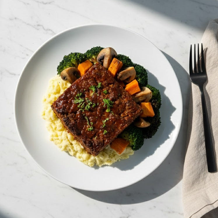 Classic Plant-Based Beef Meatloaf With Sticky Barbeque Sauce & Mashed Potato