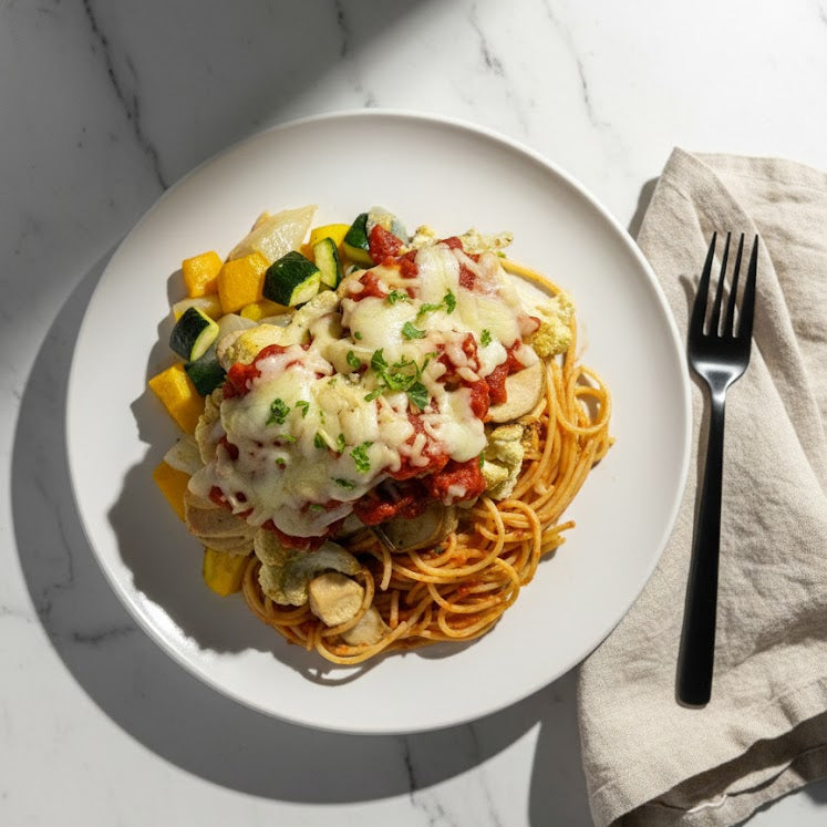 Mushroom & Cauliflower Parm With Zucchini & Spaghetti