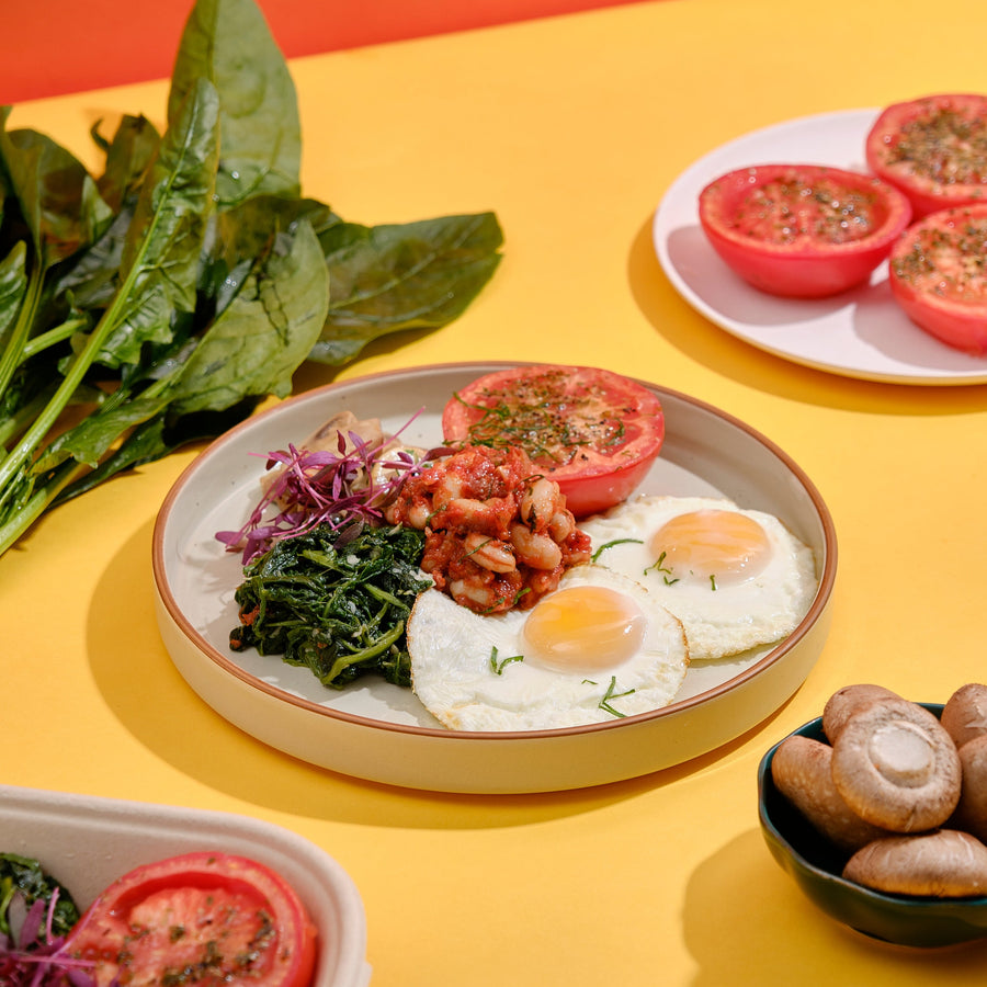 Big Breakfast with Sunnyside Eggs Sauteed Mushrooms, Roasted Tomatoes & House Baked Beans