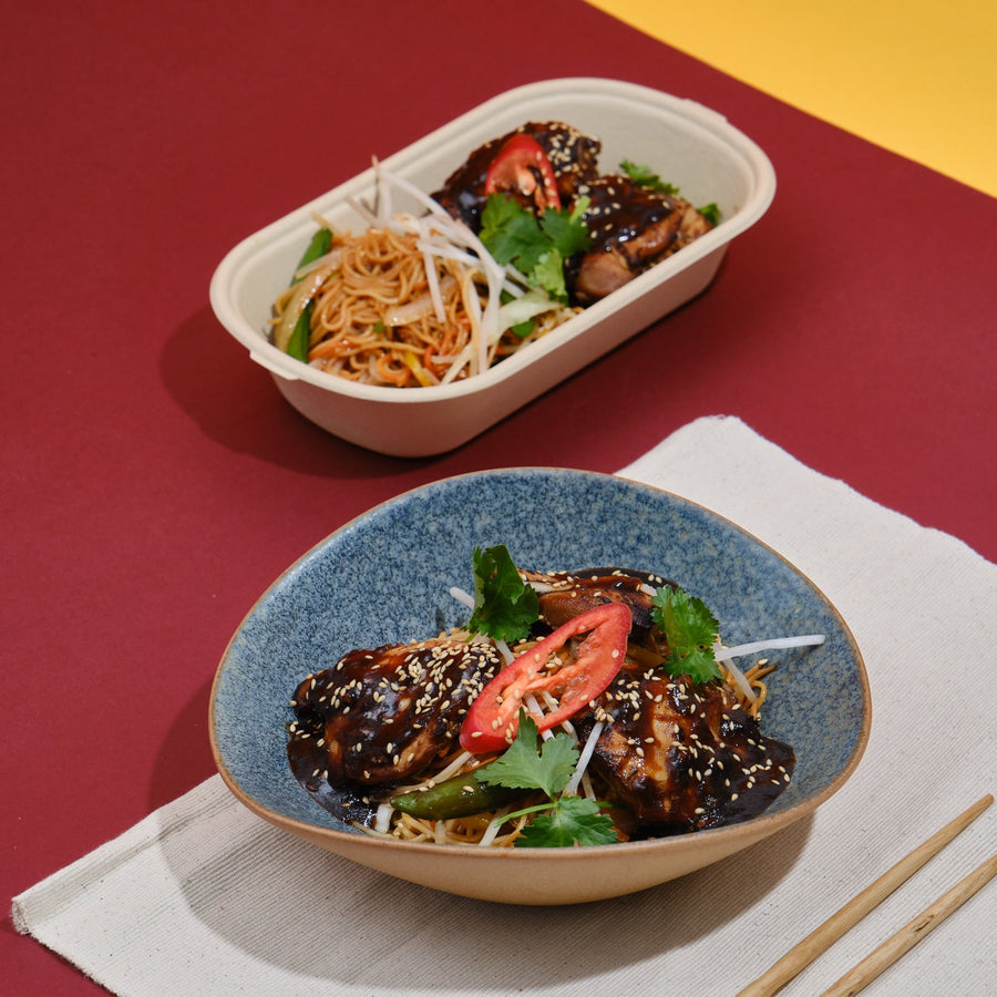 Teriyaki Glazed Lean Chicken with Sauteed Vegetables, Steamed Edamame & Yakisoba Noodles