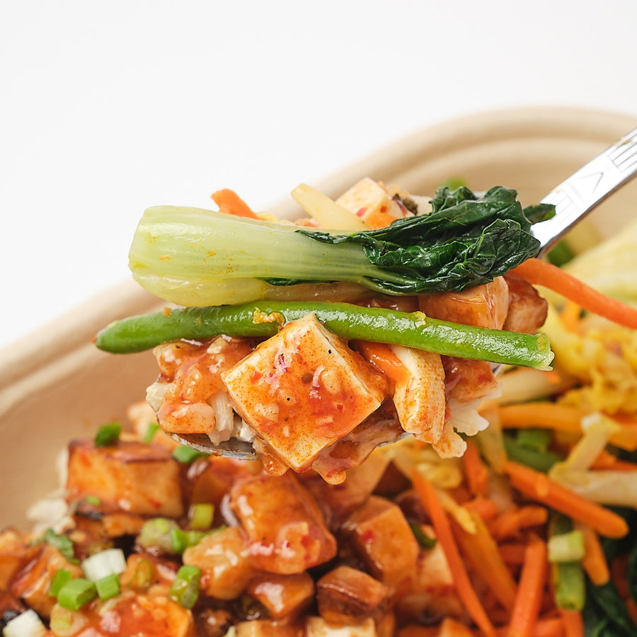 King Oyster Mushroom Ma-Po Tofu with Sauteed Cabbage, Bok Choi, Carrots, Green Beans & Steamed Brown Rice