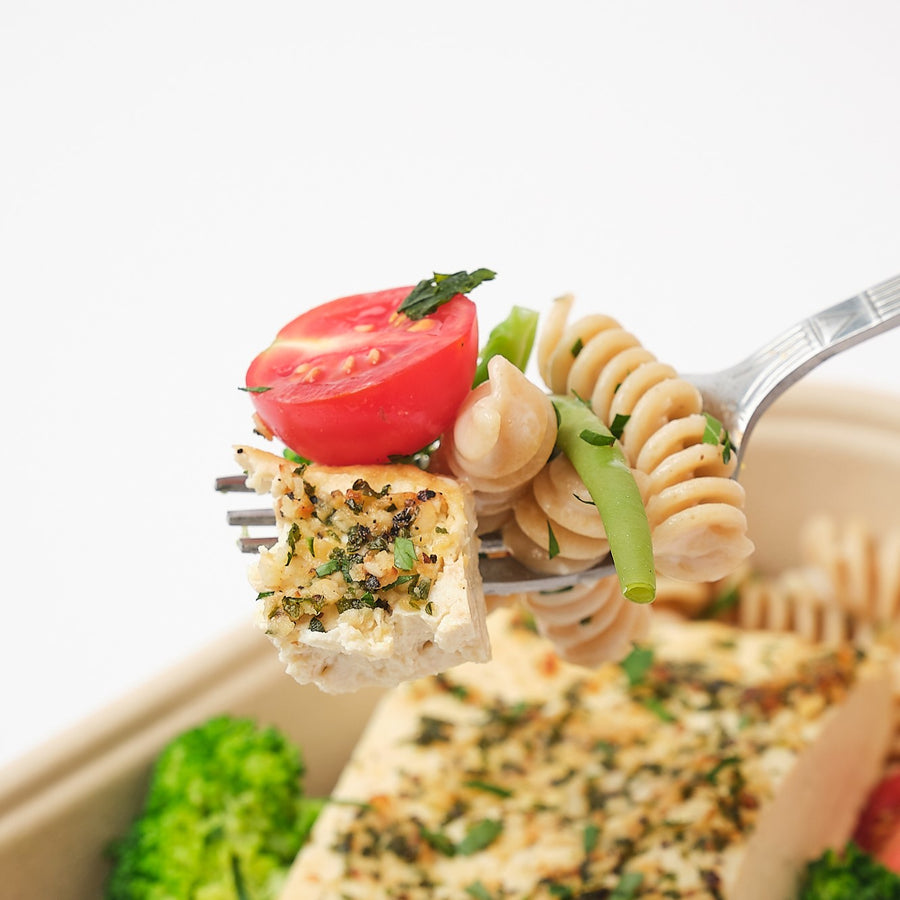 Oven Baked Garlic and Parmesan Tofu with Sauteed Green Market Vegetables & Lemon Fusilli