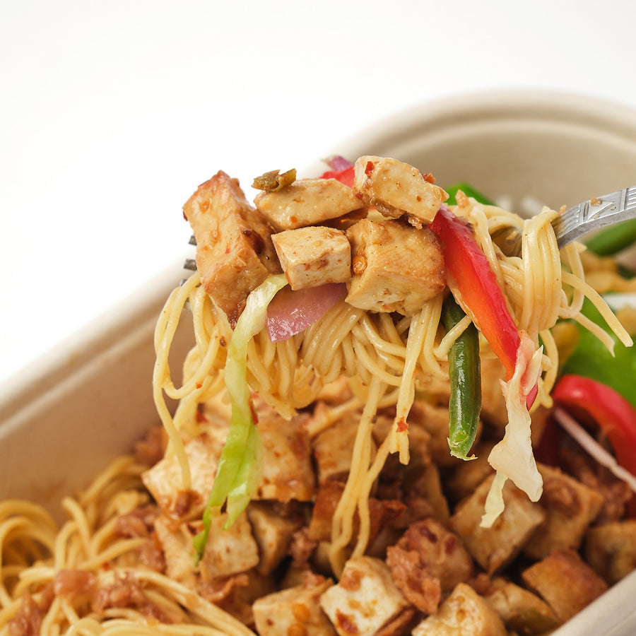 Sichuan Marinated Tofu with Sauteed Cabbage, Green Beans & Dan Dan Noodles