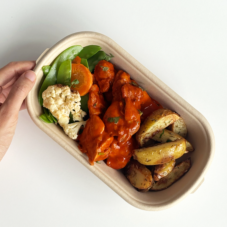 Buffalo Chicken with Roasted Cauliflower, Carrots, Snow Peas, Blue Cheese Buttermilk Dressing & Roasted Rosemary Potatoes