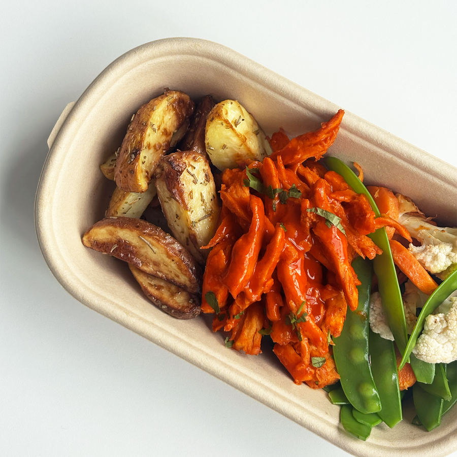 Buffalo Plant-Based Chicken with Roasted Cauliflower, Carrots, Snow Peas, Blue Cheese Buttermilk Dressing & Roasted Rosemary Potatoes