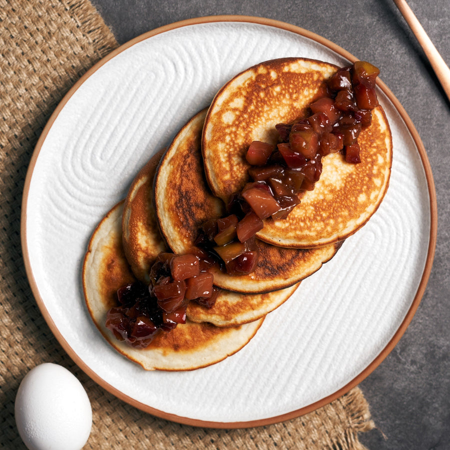 Vanilla Chai Protein Pancakes with Plum & Apricot Compote