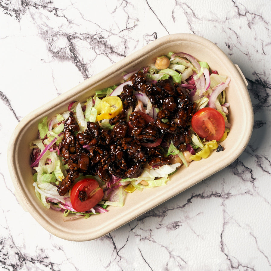 Chopped Salad with Soy Glazed Crumbled Tempeh, Tomatoes, Pepperoncini & Lemon Vinaigrette