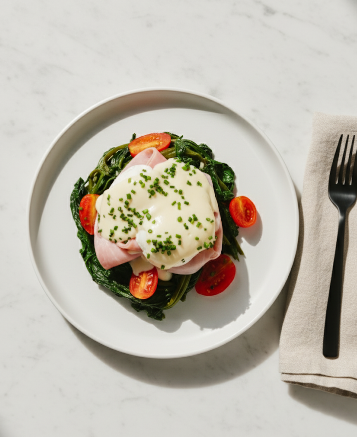 Poached Eggs Florentine with Sauteed Spinach, Lean Ham & Mornay Sauce