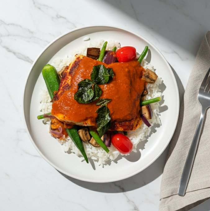 Malaysian Tamarind Fish Curry with Eggplant, Long Beans, Okra & Steamed Jasmine Rice