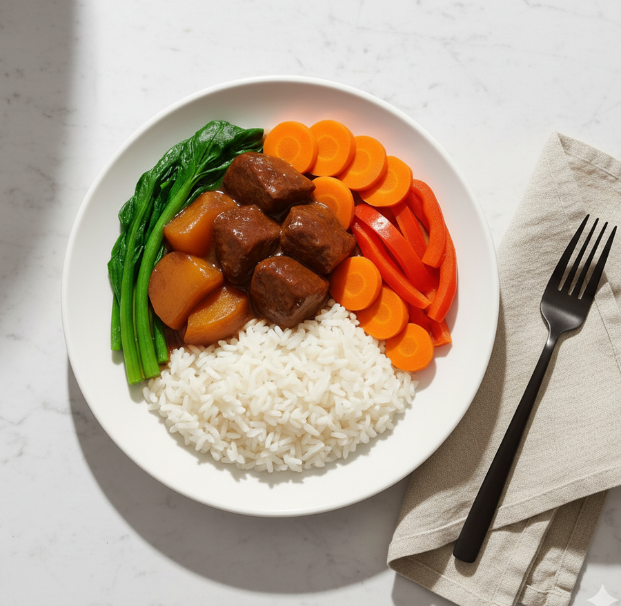 Cantonese Style Braised Beef and Radish with Kai Lan, Carrots, Red Peppers & Steamed Jasmine Rice