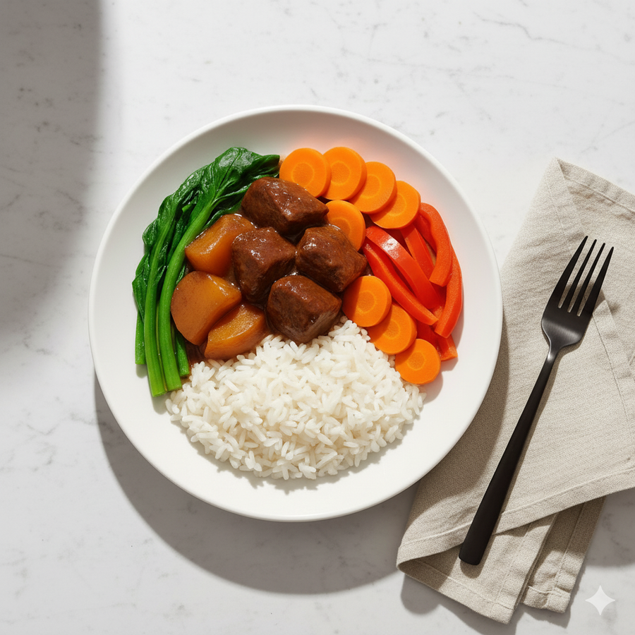 Cantonese Style Braised Beef and Radish with Kai Lan, Carrots, Red Peppers & Cauliflower Rice