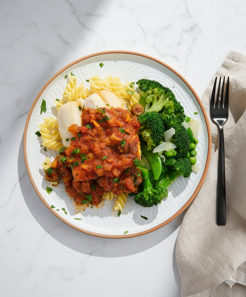 Roasted Halibut in Puttanesca Sauce with Green Vegetables & Fusilli Pasta