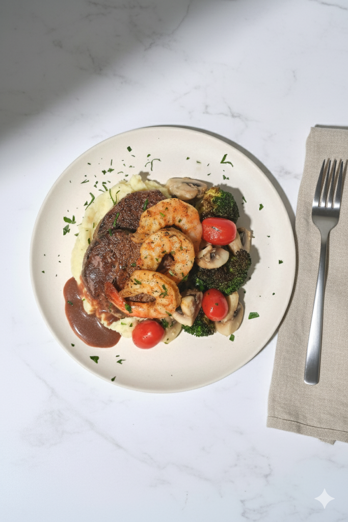 Surf & Turf with Beef Fillet Mignon, Cajun Shrimp, Charred Broccoli, Mushroom, Cherry Tomato, Bordelaise Sauce & Mashed Potato