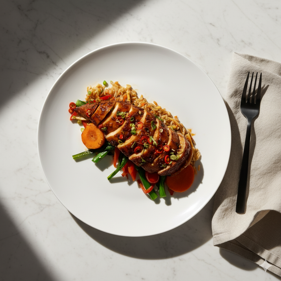 Issan Style Chicken with Choy Sum, Red Peppers, Carrots & Fried Rice