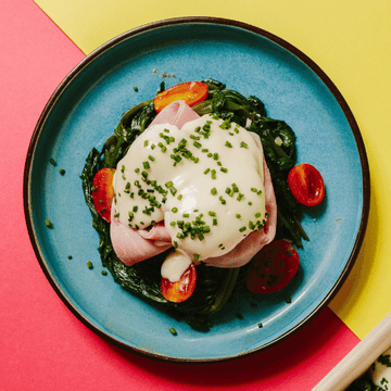 Poached Eggs Florentine with Sauteed Spinach, Ham & Mornay Sauce