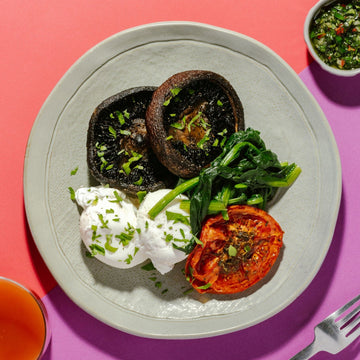 Poached Eggs and Roasted Portobello Mushroom with Spinach, Herb Roasted Tomato & Chimichurri