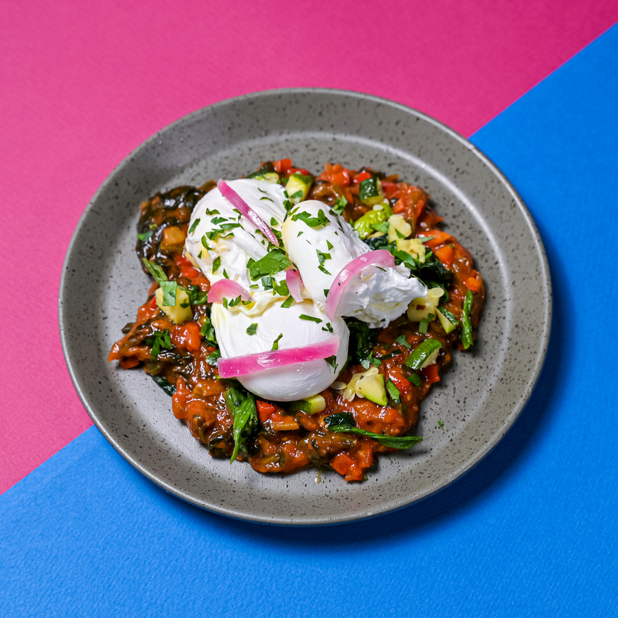 Poached Eggs with Gochujang Tomato Sauce & Herbs