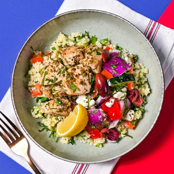 Greek Lean Chicken Salad Power Bowl with Feta, Kalamata Olives, Lemon Oregano Vinaigrette & Couscous