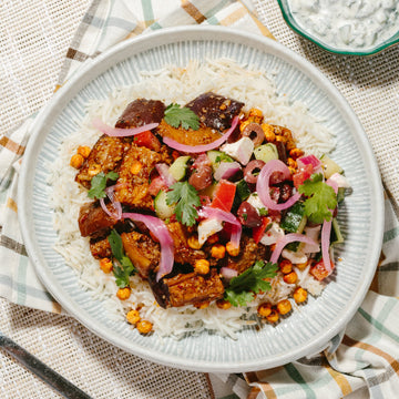 Lebanese Eggplant Shawarma Bowl with Tzatziki, Cucumber, Pickled Onions & Rice