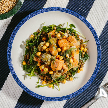Miso & Maple Glazed Brussels Sprouts with Sweet Potatoes, Crispy Chickpeas & Lentils