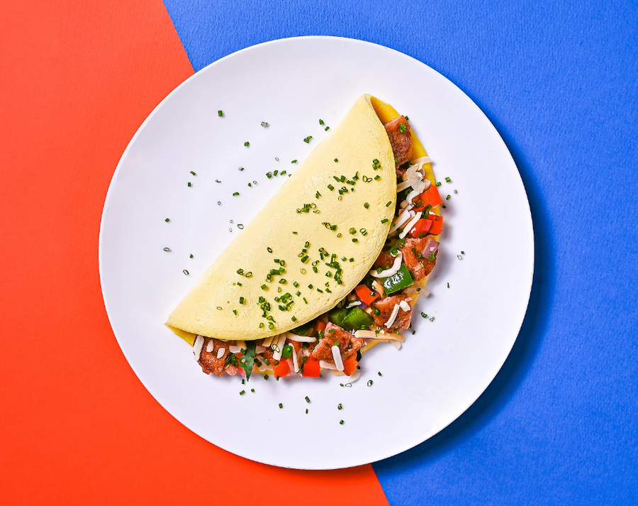 Western Style Omelette with Omni Luncheon Meat, Onions, Peppers & Cheddar Cheese