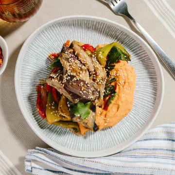 Miso Roasted Plant Based Chicken with Garlic, Chili Bok Choy, Carrot & Ginger Mash